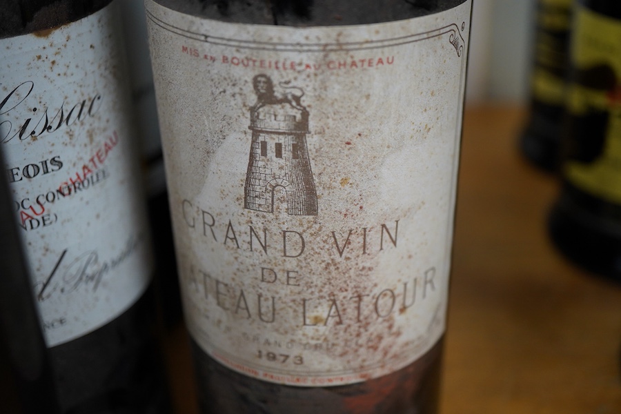 Eleven bottles of red wine including; Grand Vin du Chateau Latour 1973, Chateau Lafite Rothschild 1965, Chateau Talbot Medoc 1957, four bottles of Chateau les Eyquem Margaux 2014, two bottles of Chateau Cissac 1976, etc.